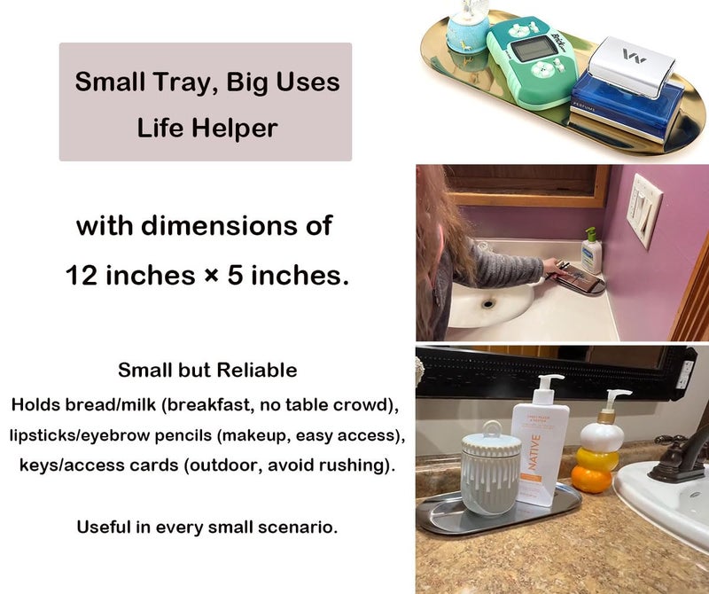 Fermus Stainless Steel Decorative Tray  Set of 2  12 Inch Long  Jewelry Dish Cosmetics Organizer Bathroom Clutter Serving Platter Small Storage Tray  Oval  Gold - Image 5